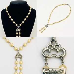 Vintage silver tone faux pearls beaded lariat necklace costume jewelry, 1950s